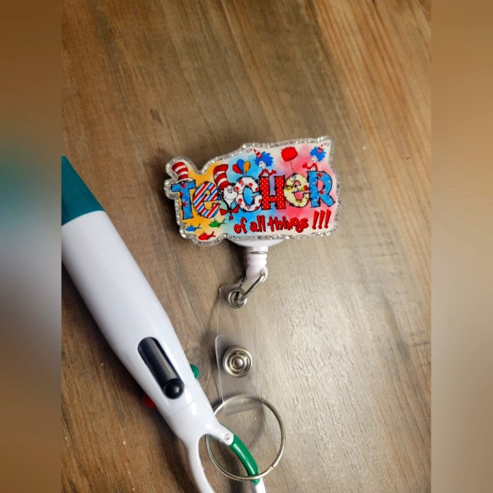 Dr.Seuss Badge and a multicolored pen